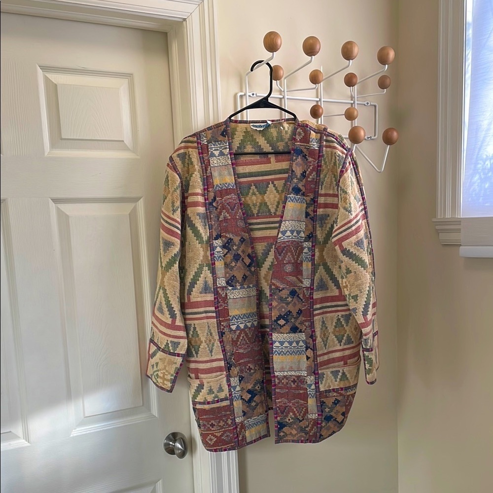 Himalaya - Vintage Colorful Geometric Patterned Jacket - Cream Red L